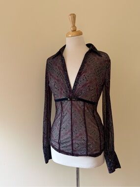 Vintage Y2K Mexx Sheer Mesh Buckle Top Velvet Trim